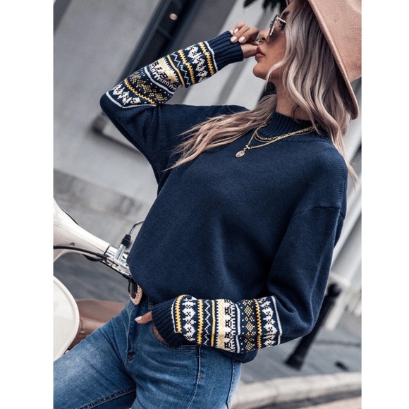 Navy Blue High Neck Sweater Nordic Geometric Tribal Aztec Print Pullover Knit - Picture 2 of 9